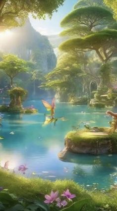 a fairy scene with water and flowers in the foreground, surrounded by greenery