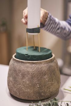 a person holding a cell phone on top of a wooden stand in a potted plant