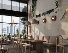 a restaurant with tables and chairs in front of large windows that have plants growing on them