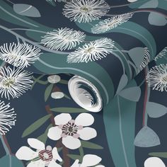 an artistic wallpaper with white flowers and leaves on a dark blue background in the style of art nouveauism