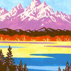 Grand Teton National Park art detail with mountains, Snake River, trees, and trails; trendy illustration by Angela Staehling Gift Illustration, National Park Art, National Park Gifts, National Park Posters, Park Art, Minimalist Painting, Art Colorful, Bathroom Art, Art Framed