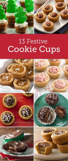 twelve festive cookie cups are featured in this collage with images of cookies and cupcakes