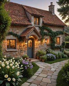 a stone house with lots of plants and flowers around the front door is lit up at night