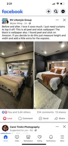 the facebook page shows two photos of a bedroom