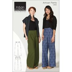 two women wearing wide legged pants and black top