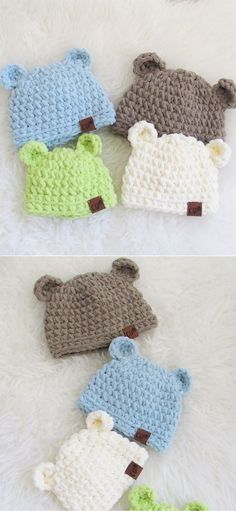 four crocheted teddy bears laying on top of each other