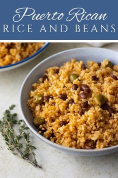 rice and beans in a bowl with herbs on the side