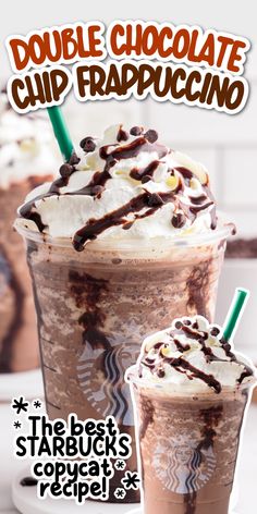 double chocolate chip frappuccino drink with whipped cream and chocolate sprinkles