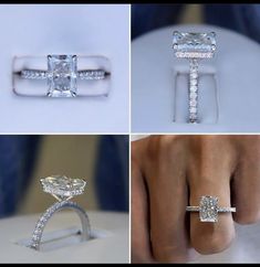 four different views of an engagement ring and wedding band, with diamonds on each side