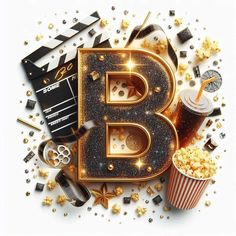 the letter b is surrounded by movies, popcorn, and other items to make it look like