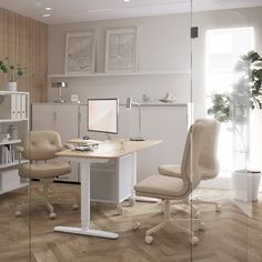 an office with a desk, chair and computer monitor on it's stand in front of a glass wall