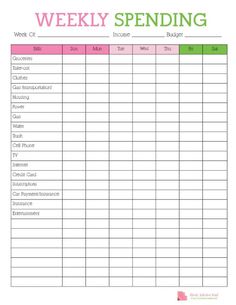 a printable weekly spending sheet with the words, week and month on it's side