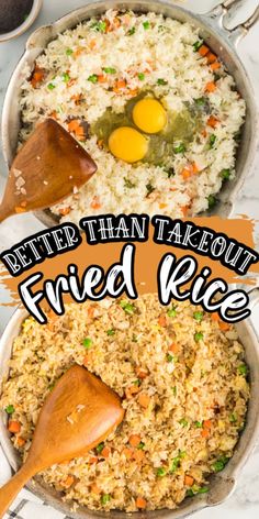 fried rice with eggs and vegetables in a pan