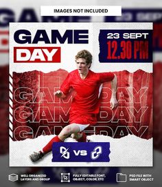 a flyer for a game day with a man kicking a soccer ball