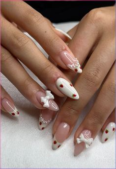 Bow Toe Nail Designs, Strawberry Coquette Nails, Couqutte Nails Bow, Cherry Bow Nails, Nail Ideas Strawberry, Strawberry Nail Ideas, Strawberry Nails Designs, Aesthetic Nail Art, Almond Nails Red