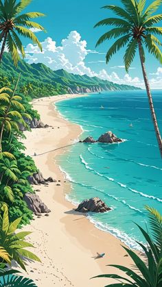 an image of a tropical beach scene with palm trees