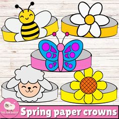 spring paper crowns with bees and flowers on them for kids to color or cut out