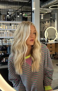 Blonde Hair With Lots Of Layers, Light Blonde Hair Extensions, Golden Blonde Hair With Bright Money Piece, Blonde Hair Salon Ideas, Medium Length Blonde Hair Extensions, All Over Bright Blonde, Extremely Blonde Hair, Platinum Blonde Hair Grown Out Roots, Long Blonde Hair Dimension