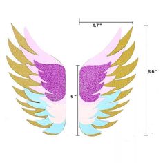 an image of a pink and blue angel wings with gold foil on it's wings