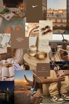 a collage of photos with coffee, books and other things