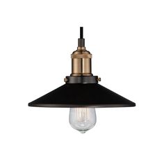 a black and gold pendant light with an open bulb on the top, hanging from a ceiling