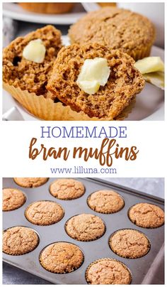 homemade bran muffins with butter on top and in the middle, next to a muffin tin