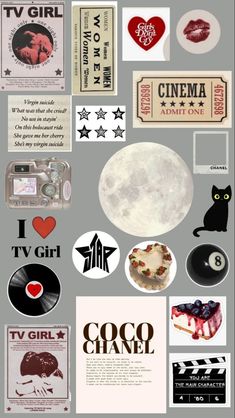 various stickers and decals are arranged on a gray background, including an image of the moon