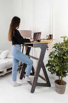 a woman sitting at a desk with a laptop computer on top of it and a potted plant in front of her