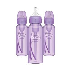 three baby bottles sitting next to each other on top of a white surface with purple trim