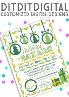 the holiday bazaar flyer is designed to look like it has been decorated with christmas trees and presents