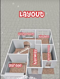 a floor plan for a house with the words layout in red and white on it