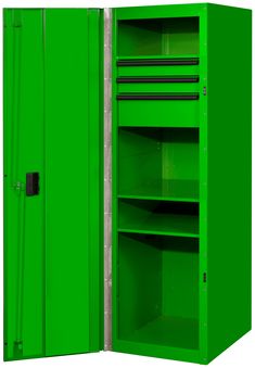 a green metal storage cabinet with four shelves and one door open to reveal the contents