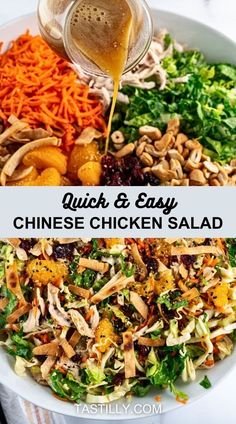 chicken and easy chinese chicken salad is being drizzled with dressing in a white bowl