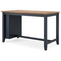 a black desk with a wooden top and two drawers on one side, against a white background