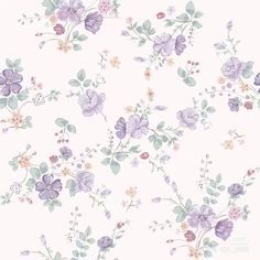 a floral wallpaper with purple flowers and green leaves on the top, in pastel colors