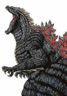 a drawing of a godzilla with red leaves on it's back and its mouth open