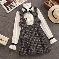 Overalls Dress, Chiffon Bow, Tweed Vest, Bow Shirt, Foto Tips, Bow Shirts, Dress Women Elegant, Ruffles Fashion, Chiffon Ruffle