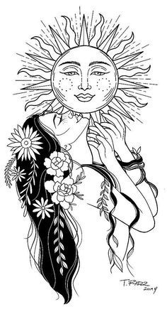 a drawing of a woman's face with flowers in her hair and the sun above her head