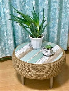 a potted plant sitting on top of a wooden table next to a blue curtain