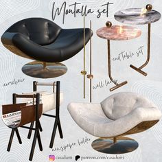 an assortment of chairs and tables are shown in this graphic art work with captions