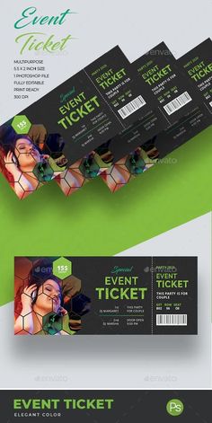 an event ticket is shown in three different colors and sizes, with the text event ticket on