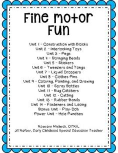 a blue and white poster with the words fine motor fun written in black on it