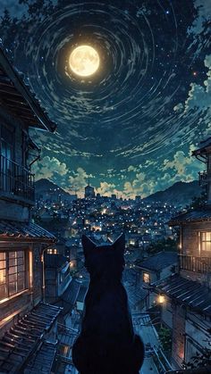 a cat sitting on top of a roof looking up at the sky with stars and clouds