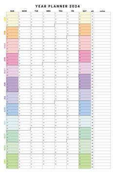 a calendar with the year planner for each month in different colors and numbers on it