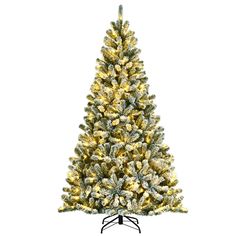 a white christmas tree with yellow lights and snow on the branches, against a white background