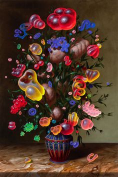 a painting of flowers in a vase on a table with confetti falling from it