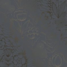 an abstract floral wallpaper design in grey and gold tones, with large flowers on the left side