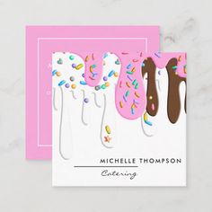 two pink and white business cards with donuts on them, one is decorated with sprinkles