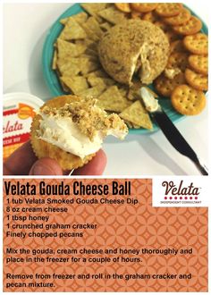 a menu for a gourmet cheese ball with crackers and crackers