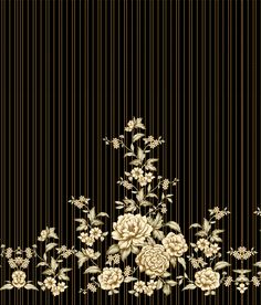 a black and white wallpaper with flowers on it's side, along with vertical stripes in the background